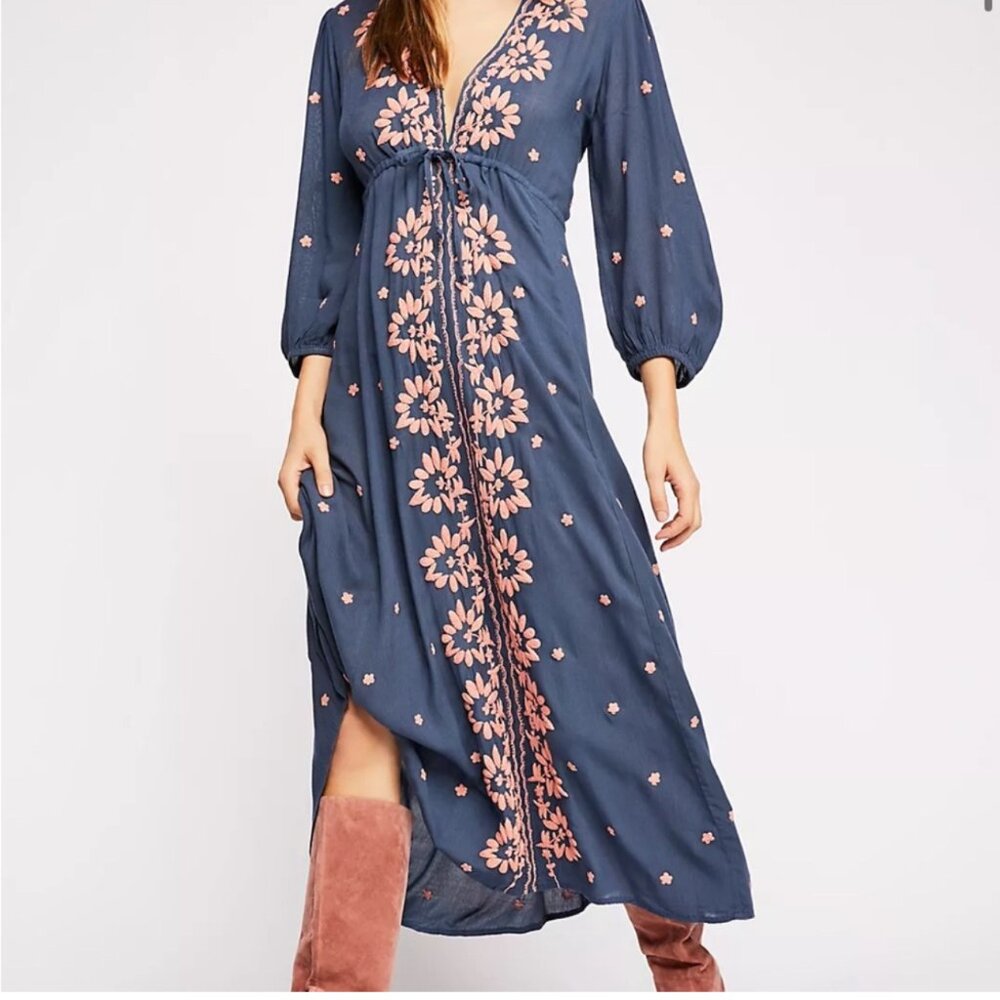 🩵Free People Dress Pink Embroidery V-neck Drawstring Midi Maxi Dress Size Small